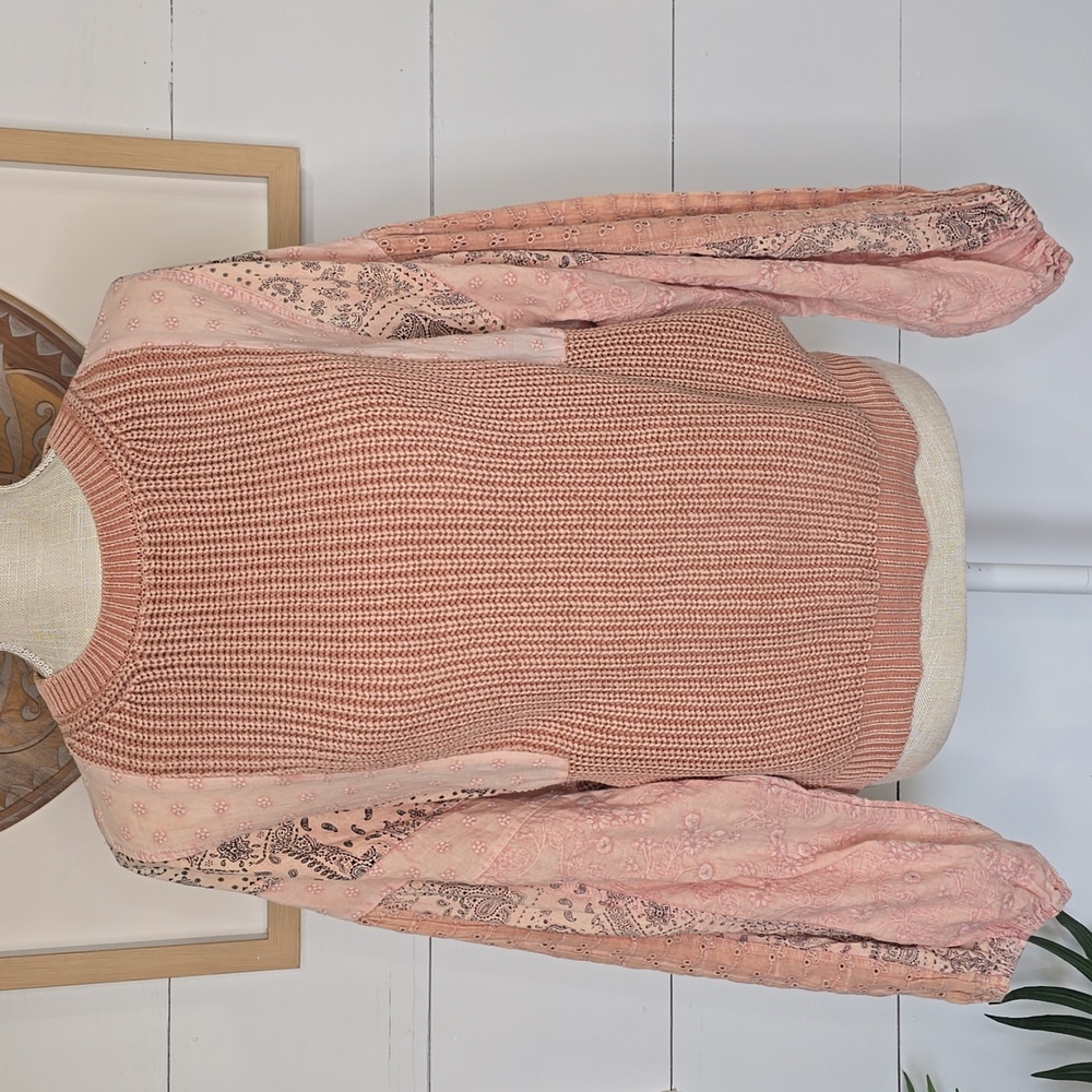 Fate Brand Pink Sweater with Patchwork Style Balloon Sleeves.